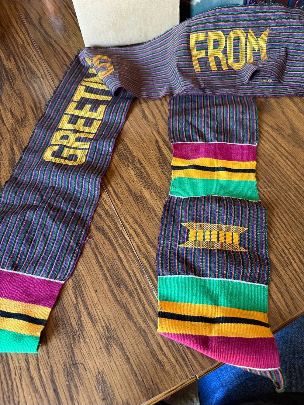 Kente cloth sash “Greetings From Ghana”